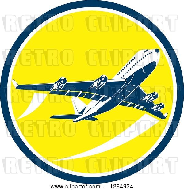 Vector Clip Art of Retro Flying Airplane Inside a Yellow Blue and White Circle