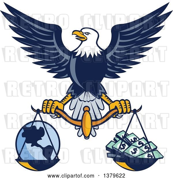 Vector Clip Art of Retro Flying American Bald Eagle Holding a Scale with Earth and Money