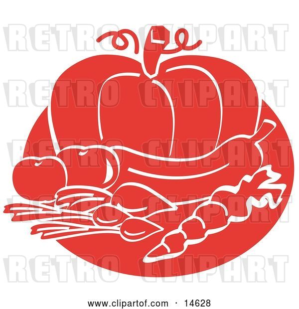 Vector Clip Art of Retro Food Still Life of Beets or Radishes, a Carrot, Eggplant, Tomatoes and a Pumpkin