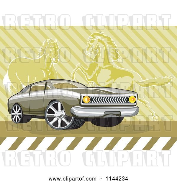 Vector Clip Art of Retro Ford Fairmont Muscle Car over Horses