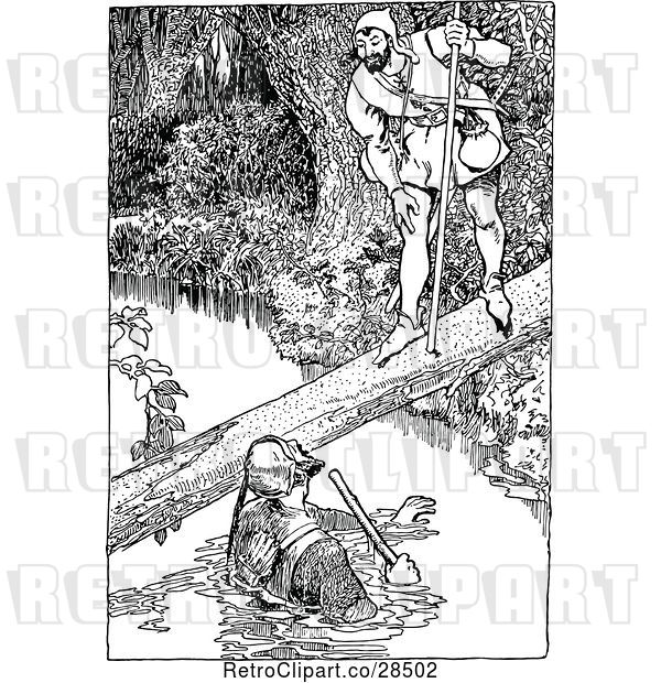 Vector Clip Art of Retro Forest Guy Talking to a Guy in a Creek