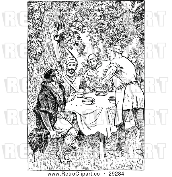 Vector Clip Art of Retro Forest Men Eating in the Woods