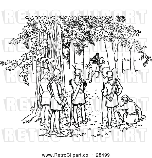 Vector Clip Art of Retro Forest Men Watching Someone on Horseback