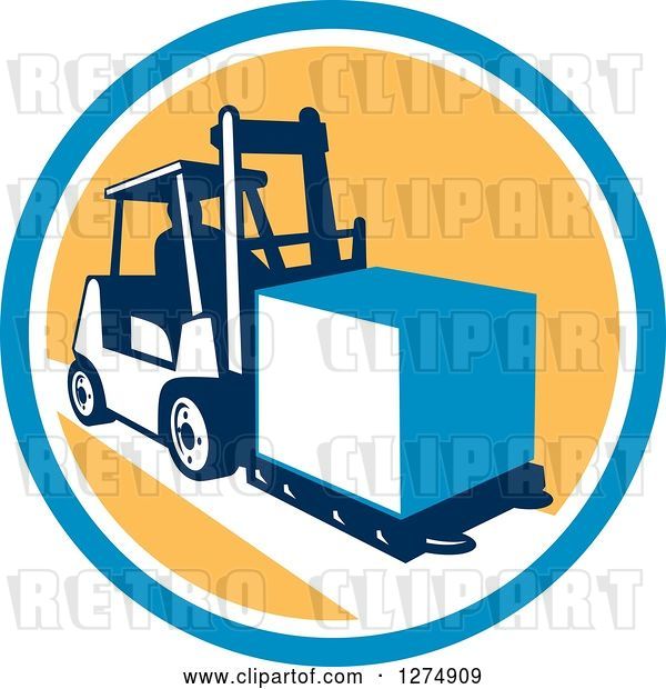 Vector Clip Art of Retro Forklift Moving a Box in a Blue White and Yellow Circle