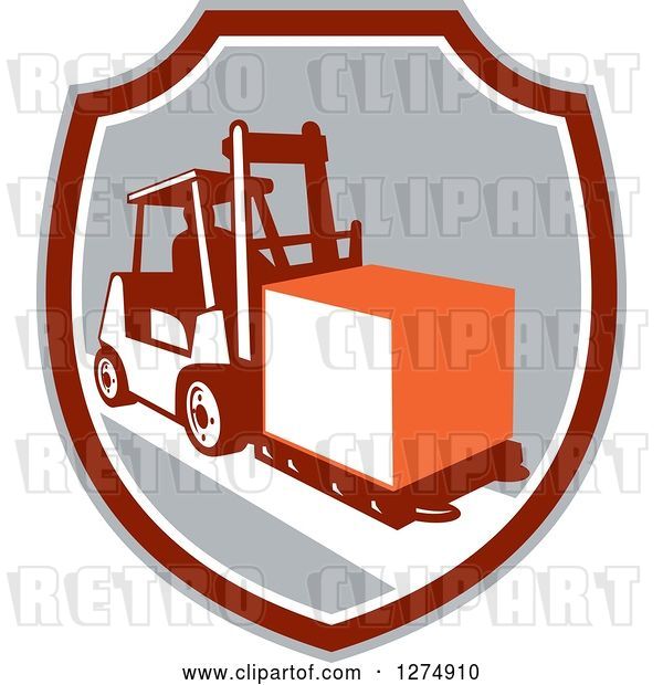 Vector Clip Art of Retro Forklift Moving a Box in a Gray Maroon and White Shield
