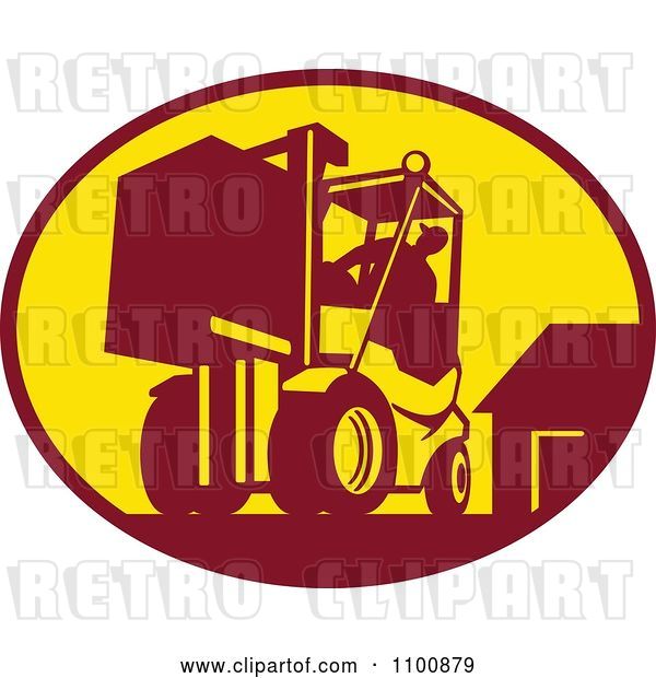 Vector Clip Art of Retro Forklift Operator Lifting a Container in a Factory Warehouse