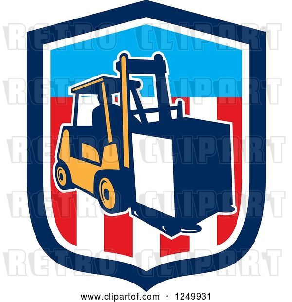 Vector Clip Art of Retro Forklift with a Box on an American Shield