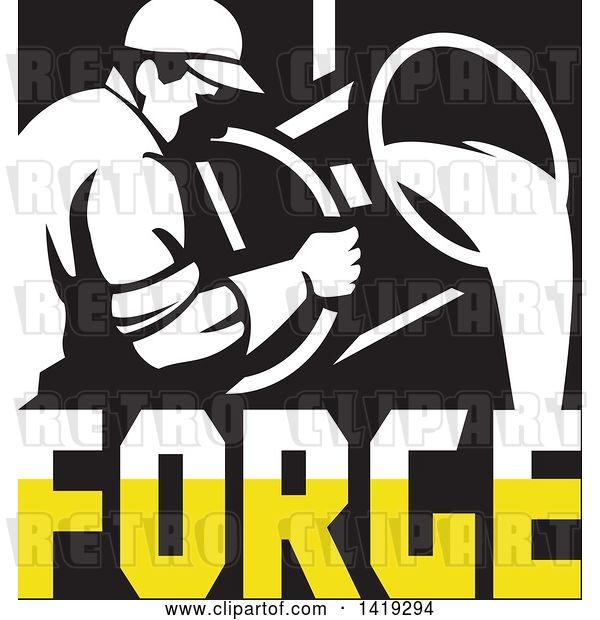 Vector Clip Art of Retro Foundry Worker Guy Pouring Molten Metal over Forge Text in Black White and Yellow