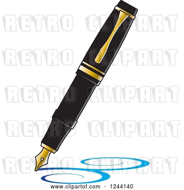 Vector Clip Art of Retro Fountain Pen Nib Drawing Blue Swirls