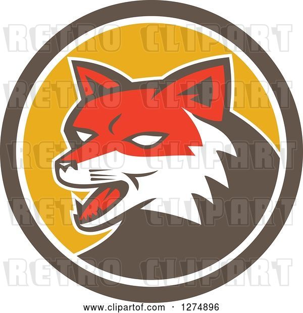 Vector Clip Art of Retro Fox Head in a Brown White and Yellow Circle