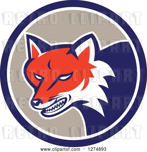 Vector Clip Art of Retro Fox Head Snarling in a Blue White and Taupe Circle