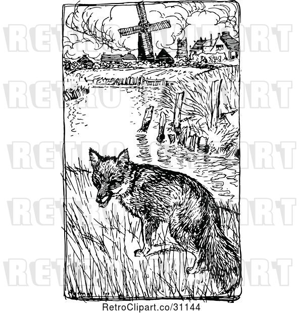 Vector Clip Art of Retro Fox near a Pond and Farm