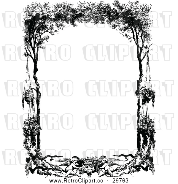 Vector Clip Art of Retro Frame of Cherubs Hanging Flowers and Trees