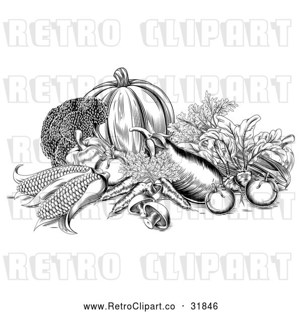 Vector Clip Art of Retro Fresh Harvest Vegetables in Black and White
