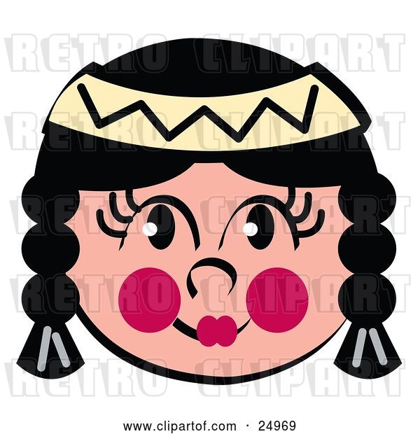 Vector Clip Art of Retro Friendly Native American Indian Girl's Face with Braids, Flushed Cheeks and a Headband