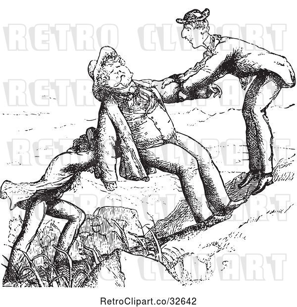 Vector Clip Art of Retro Friends Helping a Guy up a Hill in