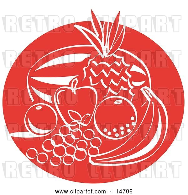 Vector Clip Art of Retro Fruit Still Life with a Watermelon, Pineapple, Apple, Orange, Lemon, Grapes and Banana Clipart Illustration