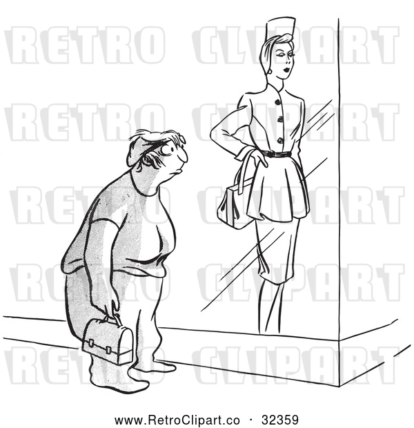 Vector Clip Art of Retro Frumpy Worker Woman Viewing a Store Display Black and White
