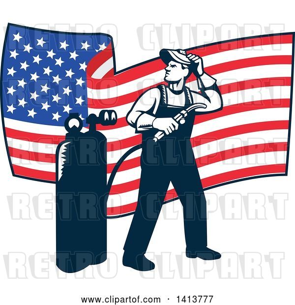 Vector Clip Art of Retro Full Length Male Welder Looking Back over His Shoulder in Front of a Wavy American Flag