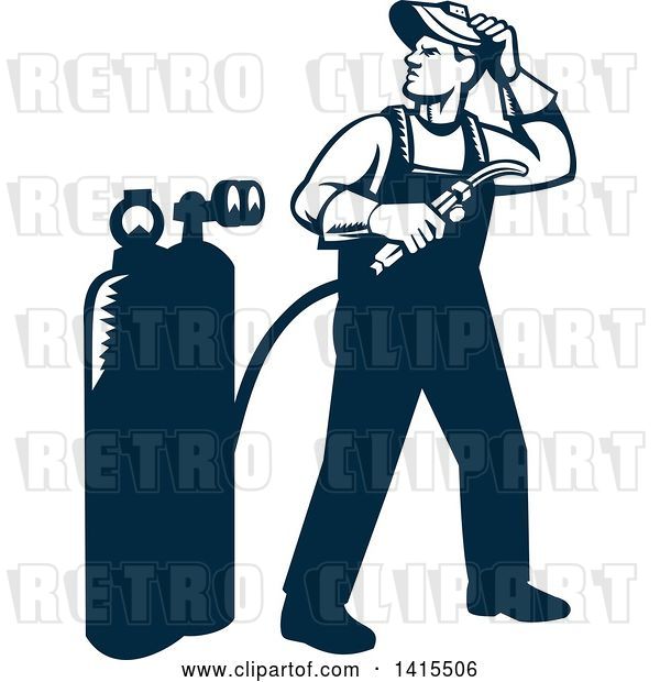 Vector Clip Art of Retro Full Length Male Welder Looking Back over His Shoulder in Navy Blue