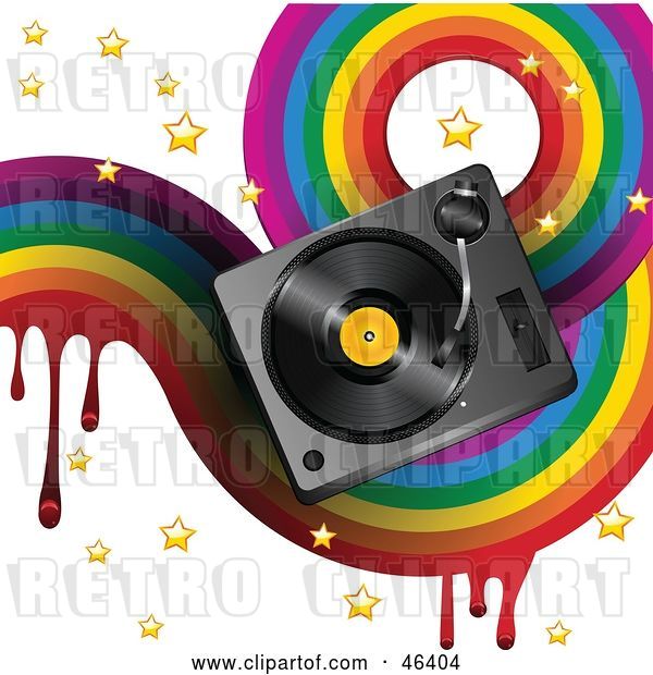 Vector Clip Art of Retro Funky Music Background with a Dripping Rainbow, Stars and a Turntable on White