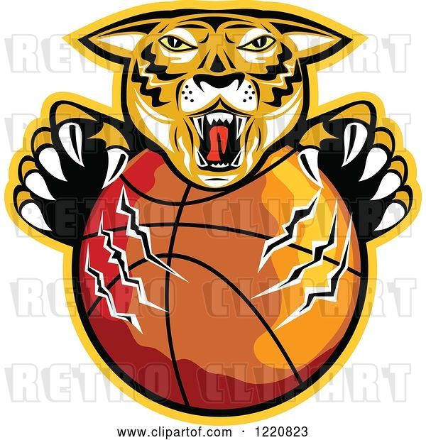 Vector Clip Art of Retro Furious Tiger Clawing a Basketball with a Yellow Outline