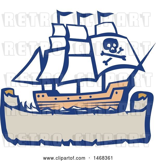 Vector Clip Art of Retro Galleon Pirate Ship over a Banner