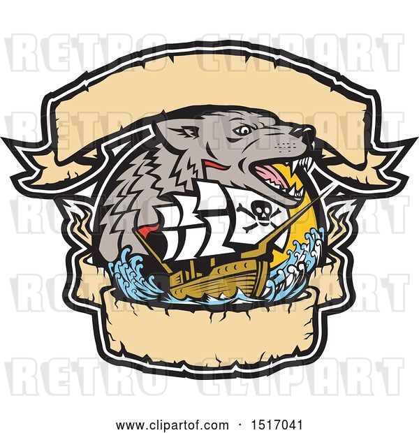 Vector Clip Art of Retro Galleon Pirate Ship with a Sea Wolf and Banners