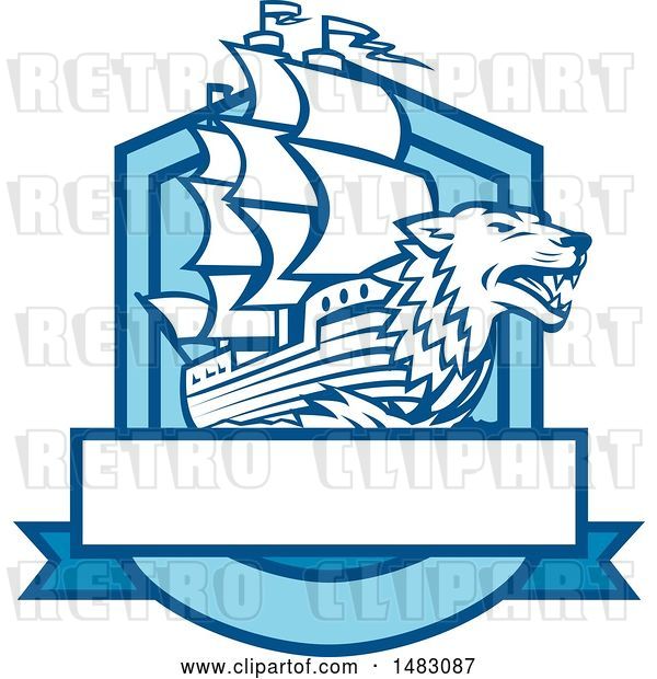 Vector Clip Art of Retro Galleon Ship with a Wolf Head Bow in a Crest