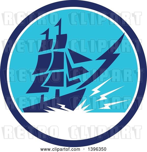 Vector Clip Art of Retro Galleon Ship with Lightning in a Blue and White Circle