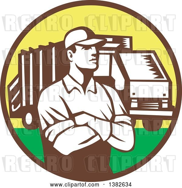 Vector Clip Art of Retro Garbage Guy and Truck in a Brown Yellow and Green Circle