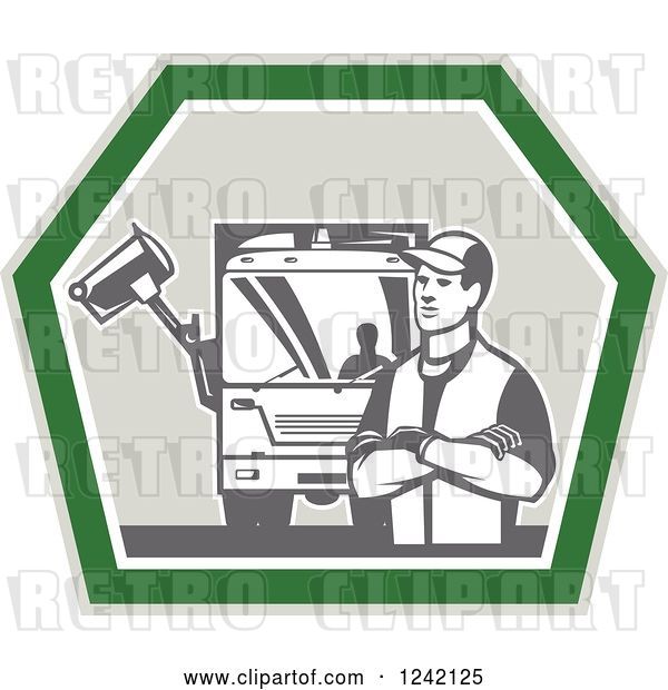 Vector Clip Art of Retro Garbage Guy and Truck in a Shield