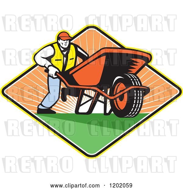 Vector Clip Art of Retro Gardener Guy Pushing a Wheelbarrow in a Sunset Diamond