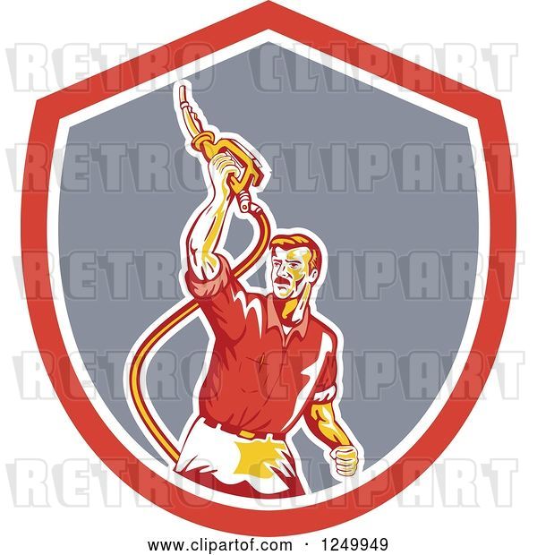 Vector Clip Art of Retro Gas Station Attendant Guy Holding up a Nozzle in a Shield