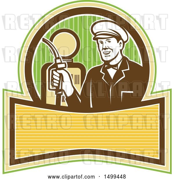 Vector Clip Art of Retro Gas Station Attendant Holding a Nozzle over a Pump