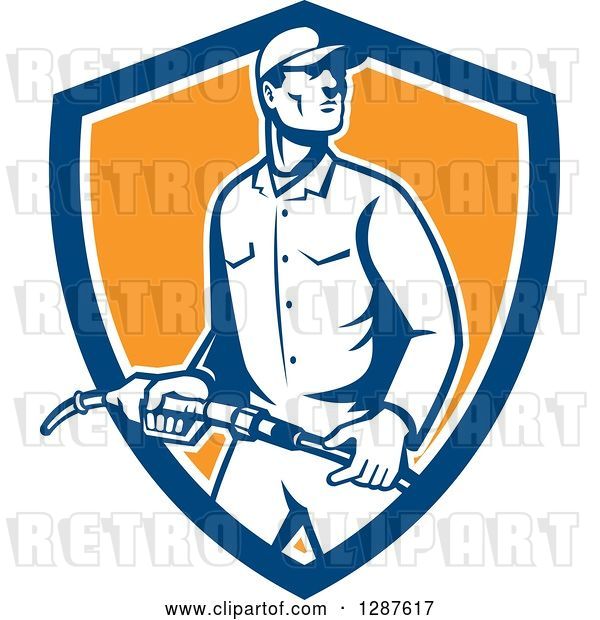Vector Clip Art of Retro Gas Station Attendant Jockey Holding a Nozzle in a Blue White and Orange Shield