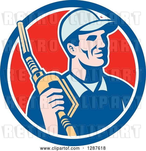 Vector Clip Art of Retro Gas Station Attendant Jockey Holding a Nozzle in a Blue White and Red Circle