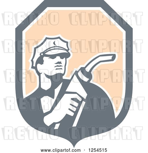 Vector Clip Art of Retro Gas Station Attendant Jockey Holding a Nozzle in a Shield