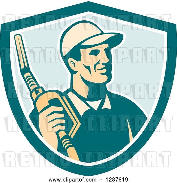Vector Clip Art of Retro Gas Station Attendant Jockey Holding a Nozzle in a Turquoise White and Blue Shield
