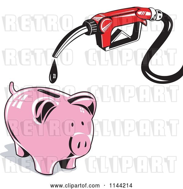 Vector Clip Art of Retro Gas Station Pump Nozzle Dripping into a Piggy Bank