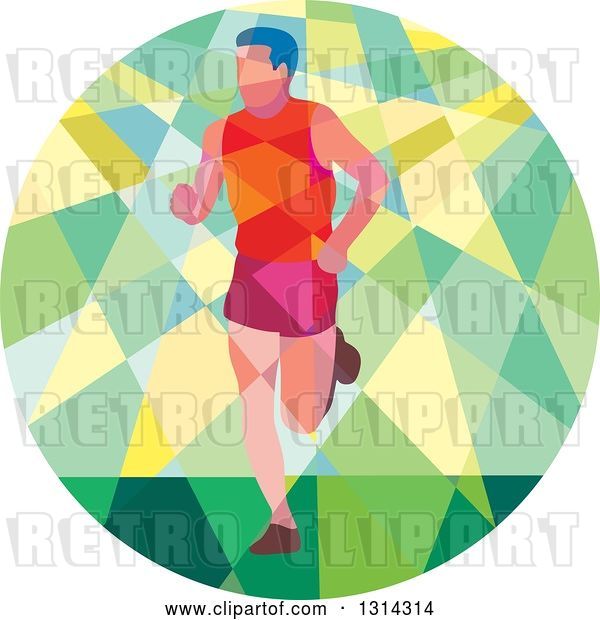 Vector Clip Art of Retro Geometric Low Poly Male Marathon Runner in a Green and Yellow Circle