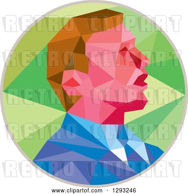 Vector Clip Art of Retro Geometric White Business Man or Politician Speaking in a Green and Gray Circle