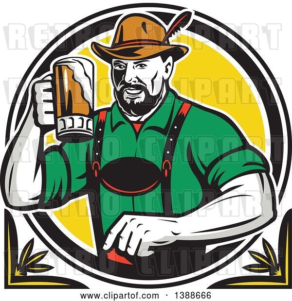 Vector Clip Art of Retro German Guy Wearing Lederhosen and Raising a Beer Mug for a Toast