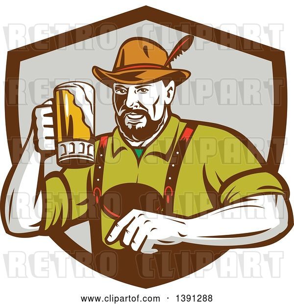 Vector Clip Art of Retro German Guy Wearing Lederhosen and Raising a Beer Mug for a Toast, Emerging from a Brown and Gray Shield