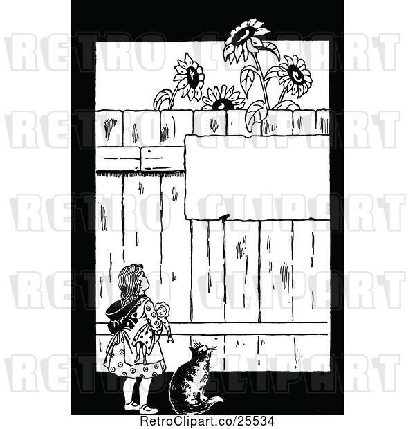 Vector Clip Art of Retro Girl and Cat Looking at a Sign on a Fence with Sunflowers