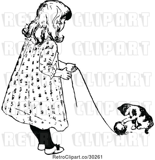 Vector Clip Art of Retro Girl and Cat Playing with Yarn