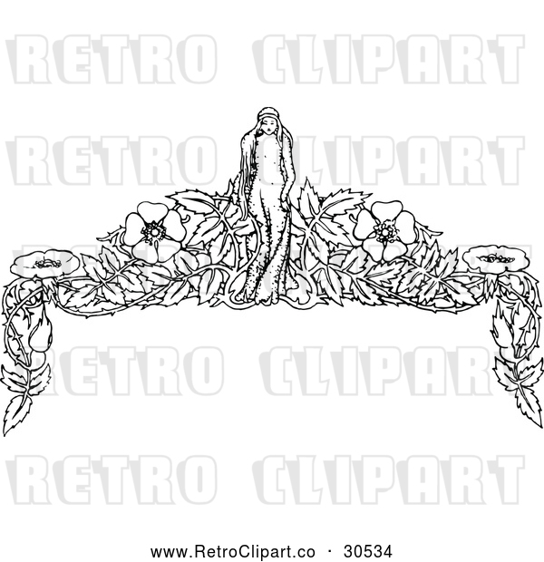 Vector Clip Art of Retro Girl and Flower Page Border