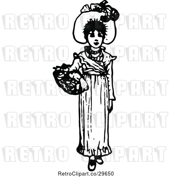 Vector Clip Art of Retro Girl Carrying a Flower Basket