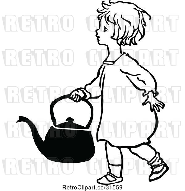 Vector Clip Art of Retro Girl Carrying a Kettle