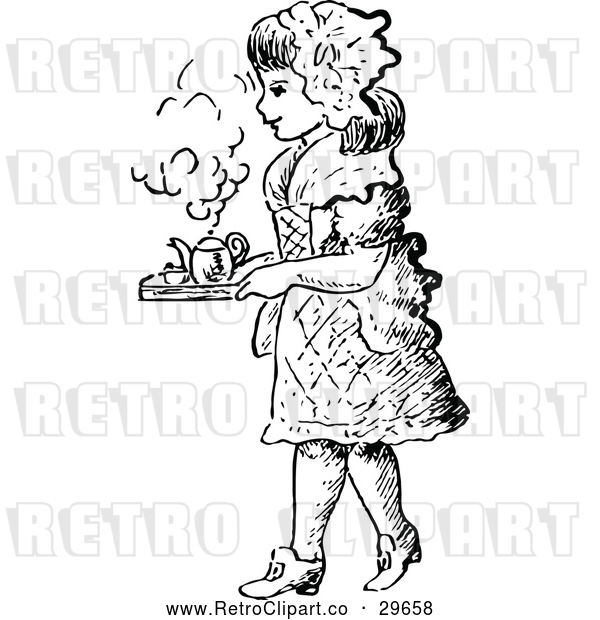 Vector Clip Art of Retro Girl Carrying a Tea Tray